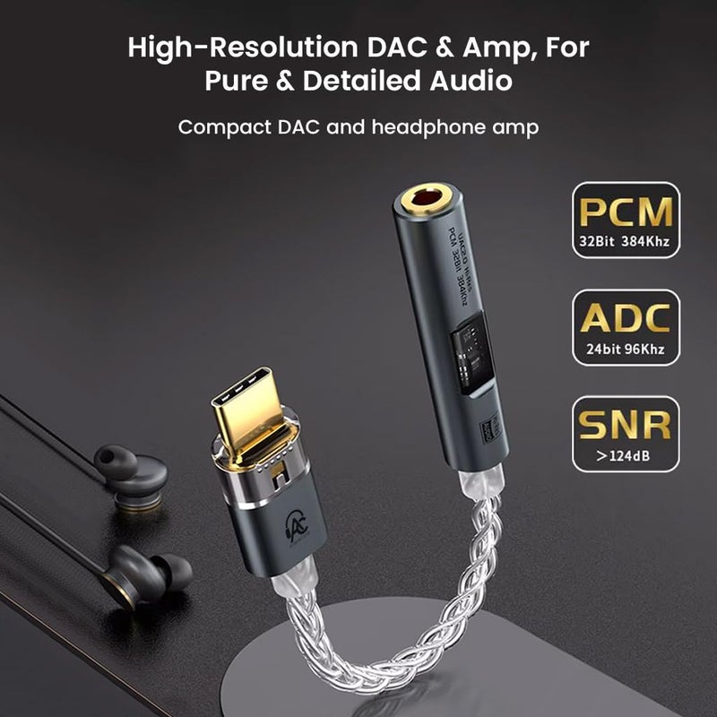 AUDIOCULAR محول DAC محمول SPARK USB-C إلى 3.5 مم، محول صوت عالي الدقة CX31993 32bit/384kHz، متوافق مع سلسلة iPhone 16 / سلسلة 15، Galaxy S25/S24 Ultra/S24 وأجهزة الهاتف الأخرى من نوع C - Image 3