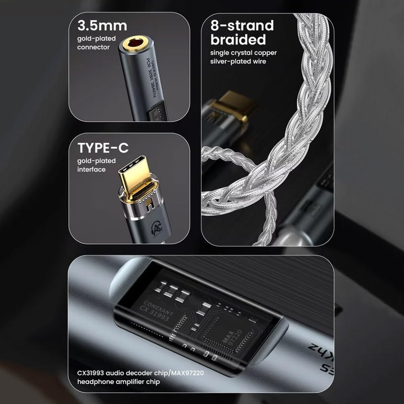 AUDIOCULAR محول DAC محمول SPARK USB-C إلى 3.5 مم، محول صوت عالي الدقة CX31993 32bit/384kHz، متوافق مع سلسلة iPhone 16 / سلسلة 15، Galaxy S25/S24 Ultra/S24 وأجهزة الهاتف الأخرى من نوع C - Image 4