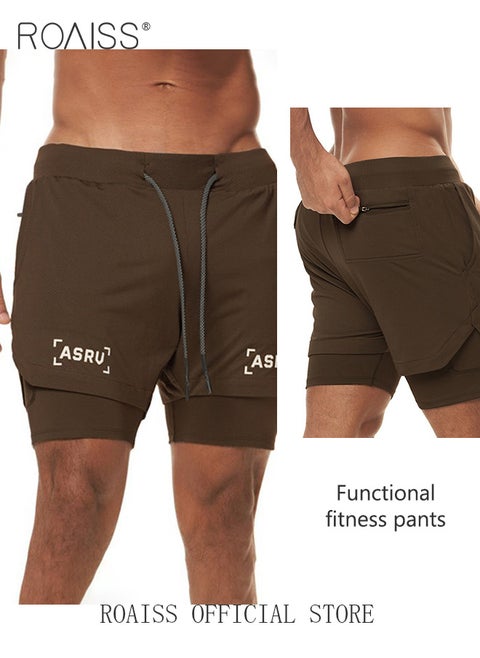 Men Functional Sports Fitness Pants Double Layer Skin Friendly Fabric Breathable Wear Resistant Quick Drying Material Training Pants Lined with Pockets
