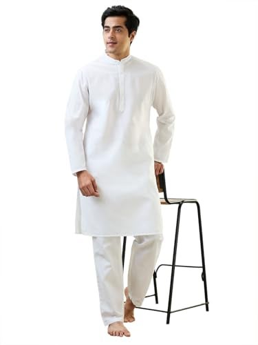 Raymond Sleepz Men Comfort Fit Solid Pattern Cotton Polyester Blend Mandrin Collar Sleepz Kurta Set (Size: XL)-AEUC00017-W0 White - Image 1