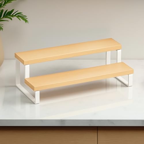 Decorlay 2-Tier Metal & Laminated Board Stairs Spice Rack Cosmetic Organizer Stand, Kitchen Countertop for Pantry Cupboard, Countertop (Beech+White) - Image 1