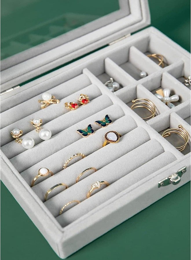 RENARSH Women’s Velvet Glass Ring & Earring Jewelry Box | Display Storage Organizer with Transparent Glass Lid | 9 Grid 9 Row Small Jewellery Showcase Holder (Grey) - Image 5