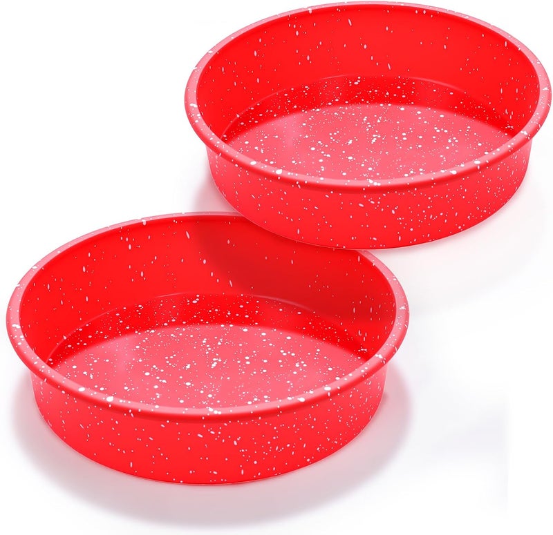 SJ قالب كعكة دائري من السيليكون مقاس 8 بوصات مع إطار معزز بالمعادن مجموعة من 2، قالب كعكة سيليكون غير لاصق للخبز مناسب لصنع الكعك الطبقي، كعك الجبن والشوكولاتة - أحمر - Image 1