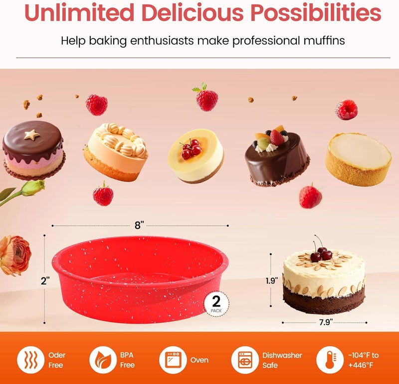 SJ قالب كعكة دائري من السيليكون مقاس 8 بوصات مع إطار معزز بالمعادن مجموعة من 2، قالب كعكة سيليكون غير لاصق للخبز مناسب لصنع الكعك الطبقي، كعك الجبن والشوكولاتة - أحمر - Image 5