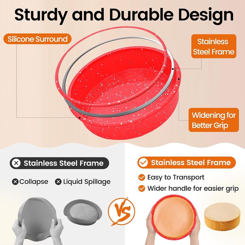 SJ قالب كعكة دائري من السيليكون مقاس 8 بوصات مع إطار معزز بالمعادن مجموعة من 2، قالب كعكة سيليكون غير لاصق للخبز مناسب لصنع الكعك الطبقي، كعك الجبن والشوكولاتة - أحمر - Image 3
