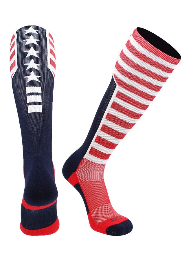 TCK Elite USA Flag Patriot Red White Blue Basketball Football Knee High Socks (Small) - Scarlet/Navy/White,Small - Image 1