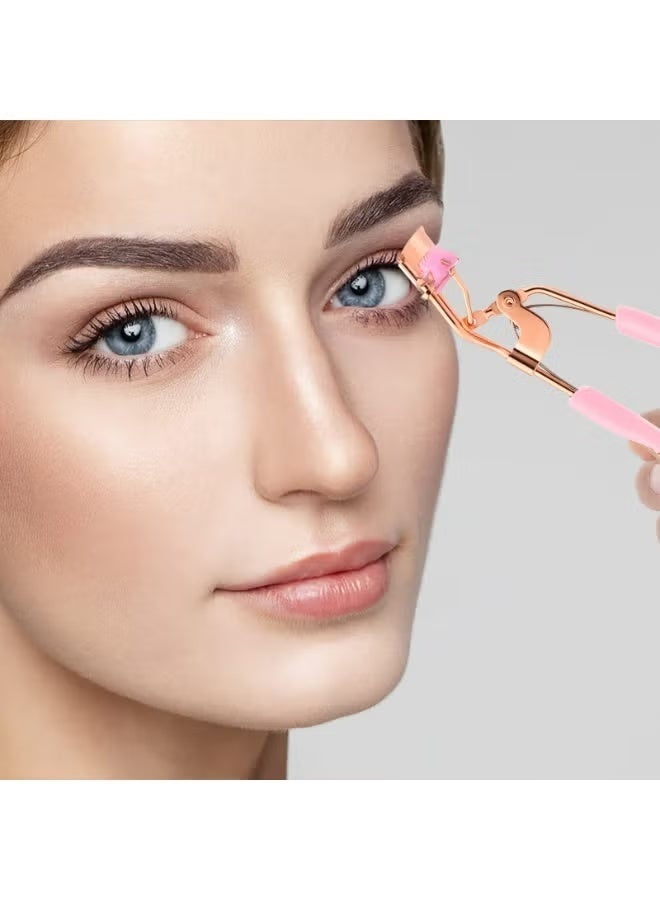 Gecomo Stainless Steel Eyelash Curler with 6 Pink Refill Pads, Pain Free Lash Curler with Silicone Handle, Ergonomic Design, Fits All Eye Shapes & Sizes, Portable Lash Curler for Women (Pink) - Image 2