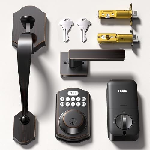 TEEHO Keyless Entry Door Lock Deadbolt with Handle Set, Electronic Digital Smart Locks Set for Front Door with 2 Keys, Easy to Install Keypad Deadbolt, Auto Lock - Oil-Rubbed Bronze - Image 1