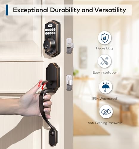 TEEHO Keyless Entry Door Lock Deadbolt with Handle Set, Electronic Digital Smart Locks Set for Front Door with 2 Keys, Easy to Install Keypad Deadbolt, Auto Lock - Oil-Rubbed Bronze - Image 5