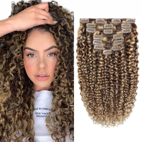 Caliee 18Inch Human Hair Jerry Curly Clip in Hair Extensions Highlight Piano Dark Brown Mixed with Strawberry Blonde for Women 3B 3C Curly Clip ins Real Remy Human Hair Extensions #P4/27 120G 7Pcs - Image 1