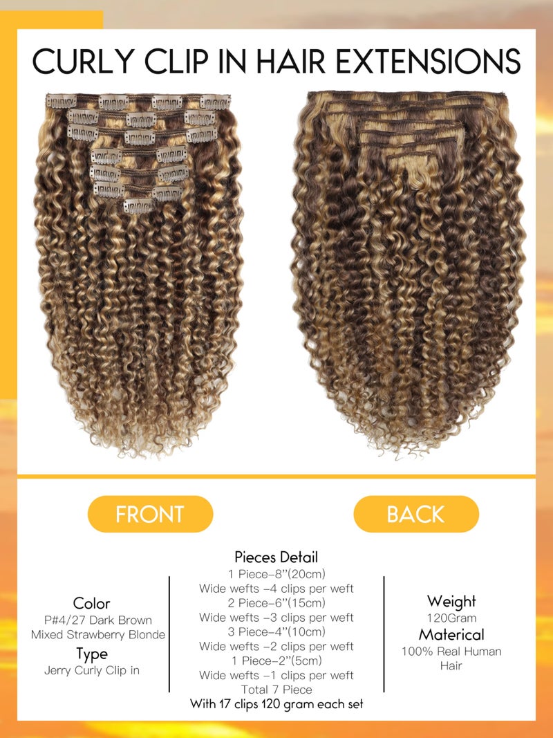 Caliee 18Inch Human Hair Jerry Curly Clip in Hair Extensions Highlight Piano Dark Brown Mixed with Strawberry Blonde for Women 3B 3C Curly Clip ins Real Remy Human Hair Extensions #P4/27 120G 7Pcs - Image 2