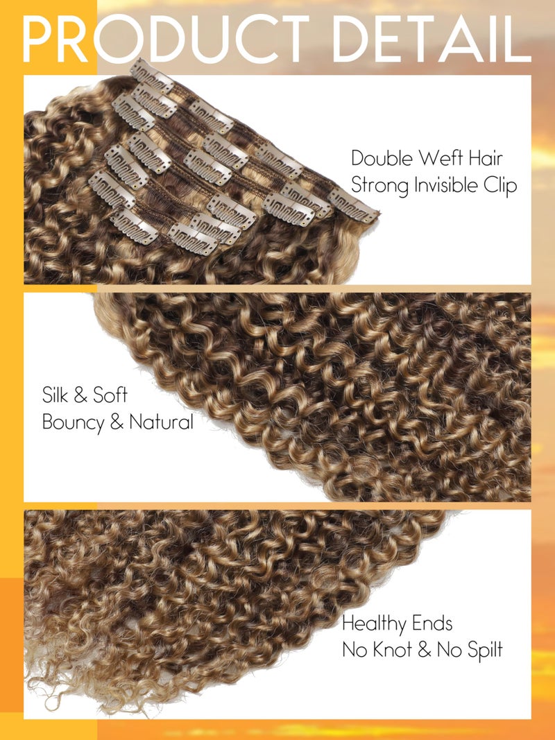 Caliee 18Inch Human Hair Jerry Curly Clip in Hair Extensions Highlight Piano Dark Brown Mixed with Strawberry Blonde for Women 3B 3C Curly Clip ins Real Remy Human Hair Extensions #P4/27 120G 7Pcs - Image 3