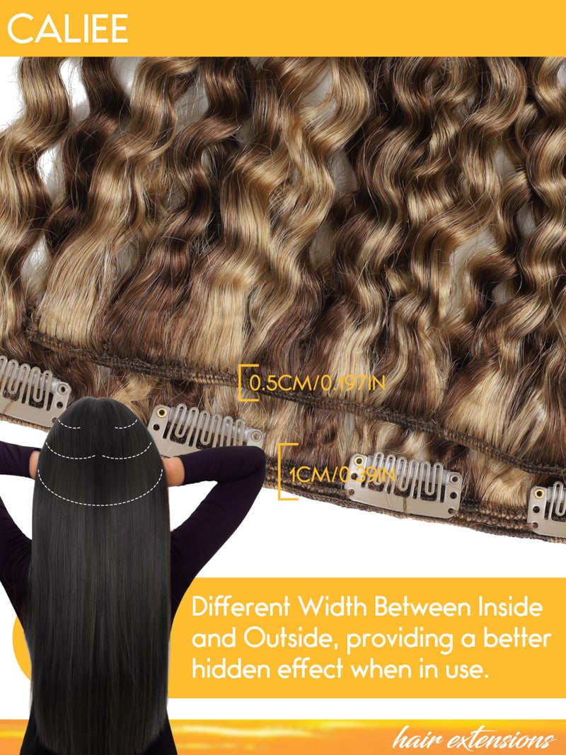 Caliee 18Inch Human Hair Jerry Curly Clip in Hair Extensions Highlight Piano Dark Brown Mixed with Strawberry Blonde for Women 3B 3C Curly Clip ins Real Remy Human Hair Extensions #P4/27 120G 7Pcs - Image 4