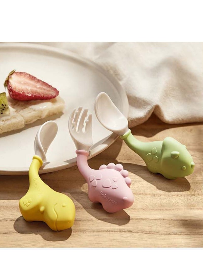 كوني أمًا أفضل مجموعة ملعقة وشوكة للتدريب على التغذية الذاتية للطفل مع حقيبة سفر سهلة الإمساك وخالية من مادة BPA وأدوات تدريب للأطفال الصغار PPSU مجموعة أدوات مائدة رائعة وشوكة ملاعق للأطفال بمظهر ديناصور لطيف - Image 1