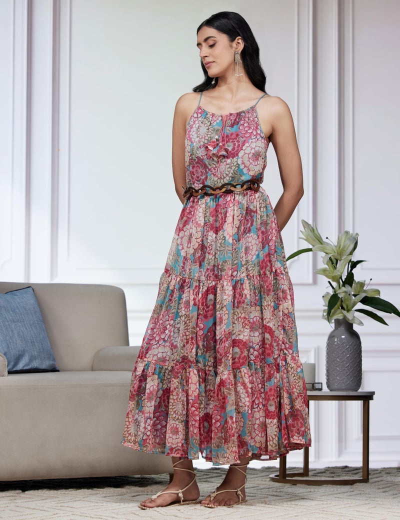 BIBA Women Printed Tired Ankle Length Straight Dress Mix and Match(Casual D2159_Coral_38) - Image 2