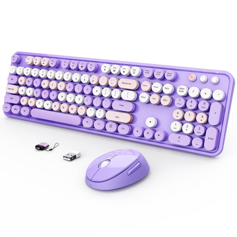 SkyGive Wireless Keyboard and Mouse Combo, Ergonomic Full Size Typewriter Retro Round Keycaps Keyboard, Compatible with Windows, PC, Perfer for Home and Office Keyboards (Purple - Image 1