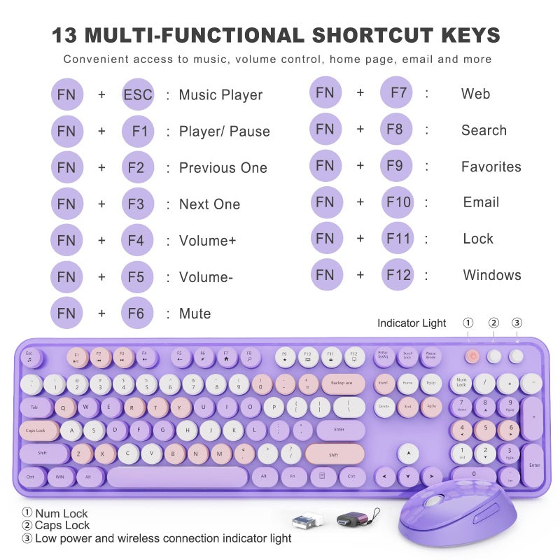 SkyGive Wireless Keyboard and Mouse Combo, Ergonomic Full Size Typewriter Retro Round Keycaps Keyboard, Compatible with Windows, PC, Perfer for Home and Office Keyboards (Purple - Image 4