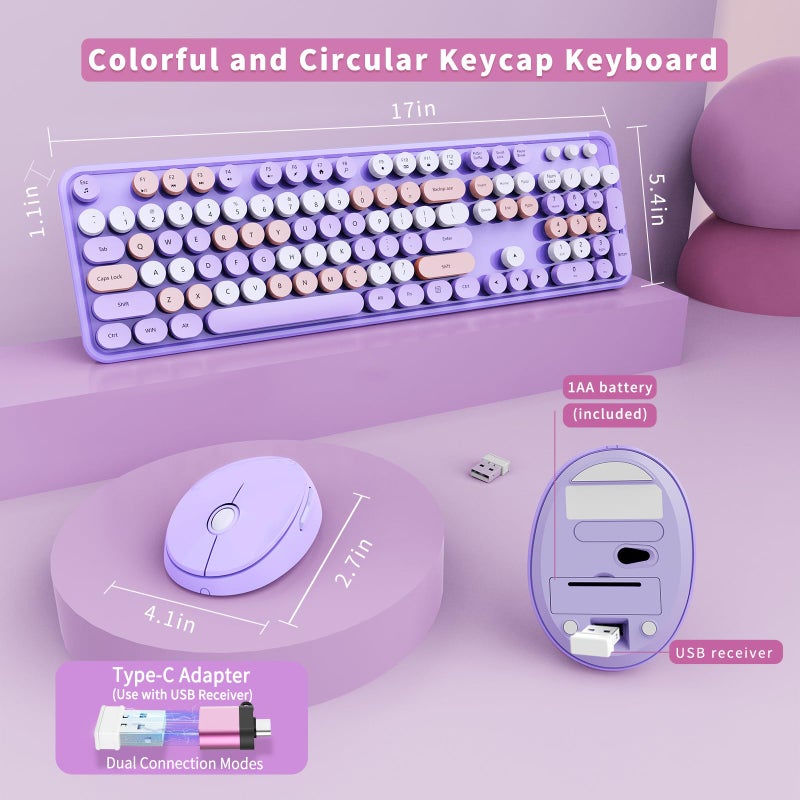 SkyGive Wireless Keyboard and Mouse Combo, Ergonomic Full Size Typewriter Retro Round Keycaps Keyboard, Compatible with Windows, PC, Perfer for Home and Office Keyboards (Purple - Image 5