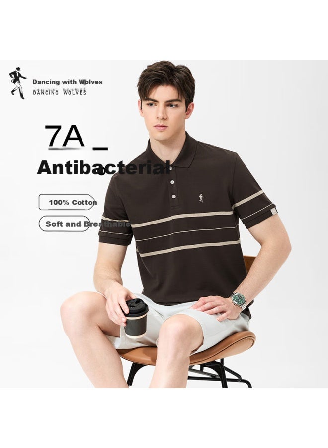 Dancing Wolves Comfortable Cotton Short Sleeve Men's Striped Polo Shirt For Summer Breathable Skin-friendly 306 Brown 2XL - Image 1