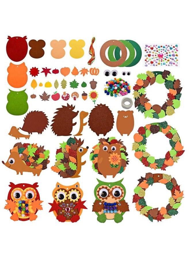 Geluode Fall Craft Kits 76 PCS,Thanksgiving Owls Hedgehogs DIY Maple Leaves Wreath with Wiggle Eyes,Hanging Ornaments for Autumn Thanksgiving Harvest Halloween Home Classroom Party Supplies - Image 1