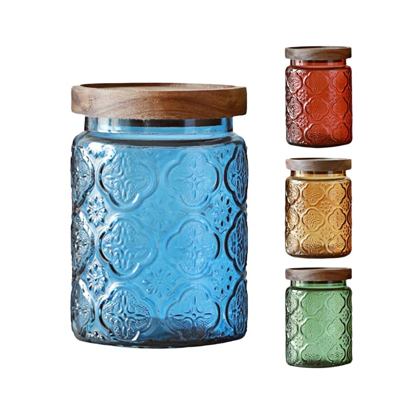 ANSQU Vintage Glass Storage Jar with Solid Wood Lid - Sunflower Kitchen Canister for Coffee, Candy, Laundry Detergent - Cute Food Storage Jar for Pantry, Countertop (4 color-Begonia Flower, 23.7 Ounces) - Image 1