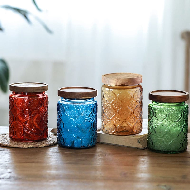 ANSQU Vintage Glass Storage Jar with Solid Wood Lid - Sunflower Kitchen Canister for Coffee, Candy, Laundry Detergent - Cute Food Storage Jar for Pantry, Countertop (4 color-Begonia Flower, 23.7 Ounces) - Image 3