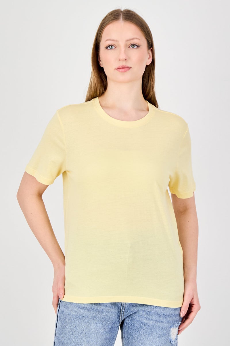 ONLY Women Crew Neck Short Sleeve Plain T-Shirt, Yellow - Image 1