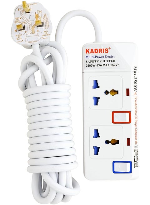 Kadris 912 Heavy Duty Power Strips Extension Cord with 2 Way Outlets and Individual Switches, 5 Meter Length, White