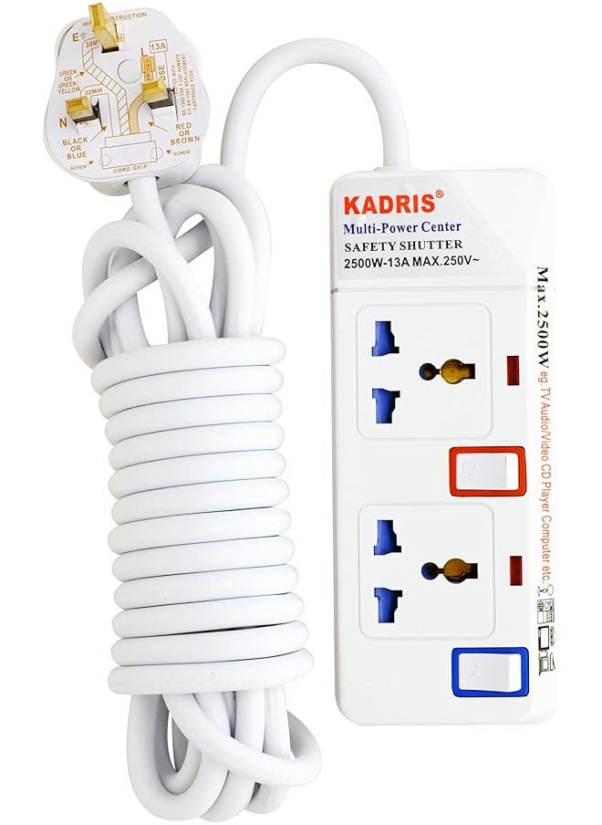 KADRIS Kadris 912 Heavy Duty Power Strips Extension Cord with 2 Way Outlets and Individual Switches, 5 Meter Length, White  - Image 1