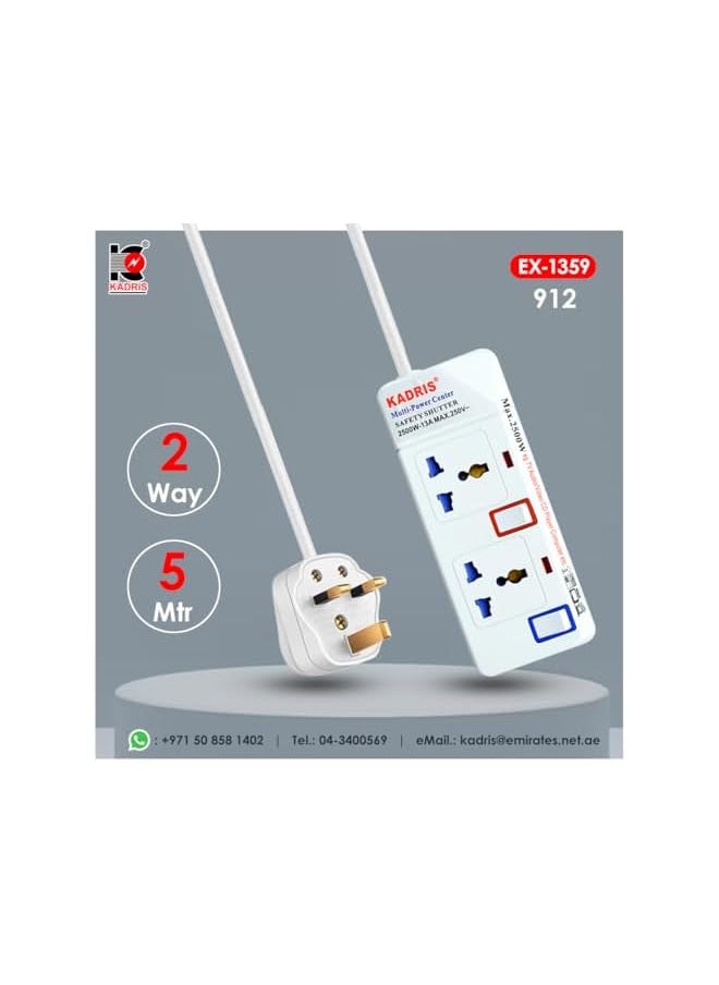 KADRIS Kadris 912 Heavy Duty Power Strips Extension Cord with 2 Way Outlets and Individual Switches, 5 Meter Length, White  - Image 5