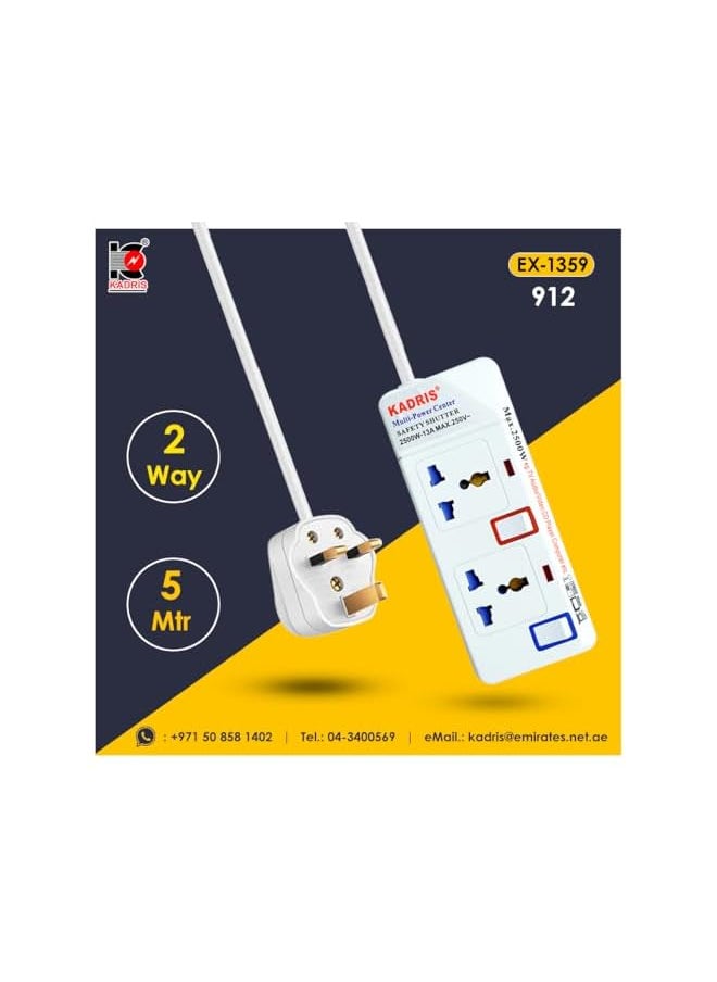 KADRIS Kadris 912 Heavy Duty Power Strips Extension Cord with 2 Way Outlets and Individual Switches, 5 Meter Length, White  - Image 3