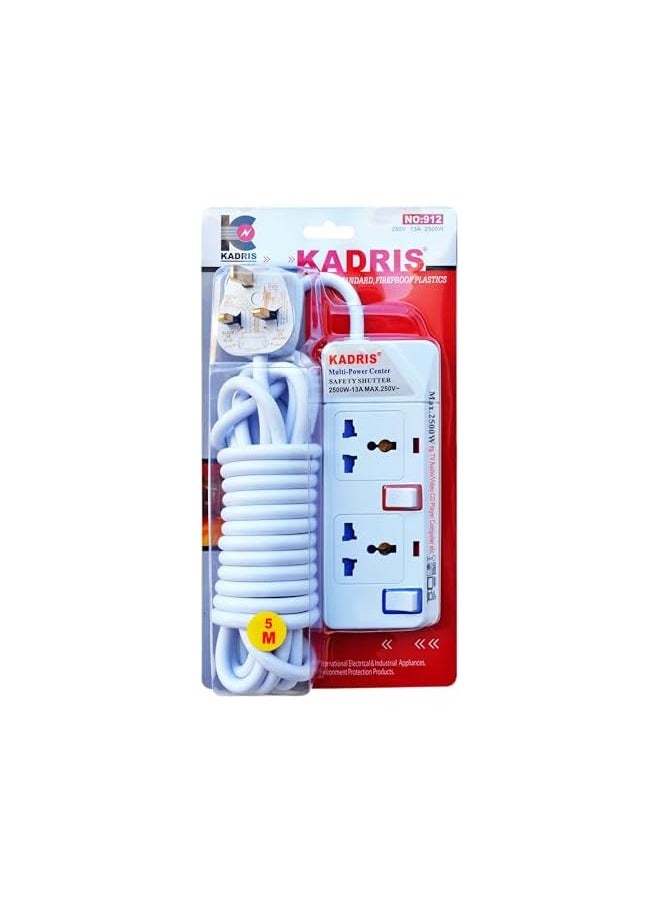 KADRIS Kadris 912 Heavy Duty Power Strips Extension Cord with 2 Way Outlets and Individual Switches, 5 Meter Length, White  - Image 2