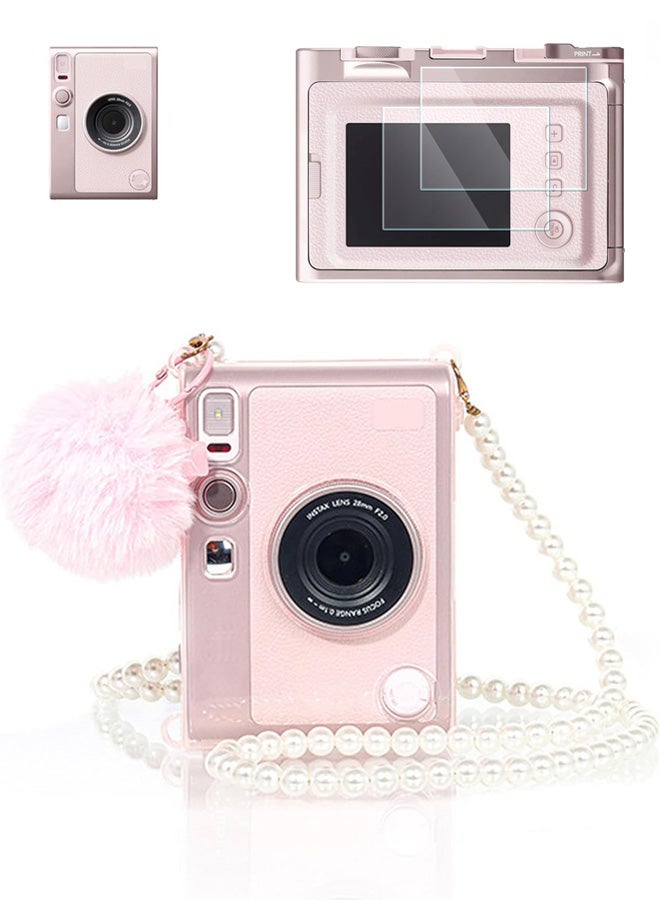سجيت غطاء Instax Mini EVO، غطاء صلب شفاف من مادة البولي كاربونيت لكاميرا Fujifilm Instant Mini EVO مع واقي شاشة بدرجة صلابة 9H، حقيبة كتف كروس بودي عصرية كاجوال مع عقد لؤلؤ (وردي شفاف) - Image 1