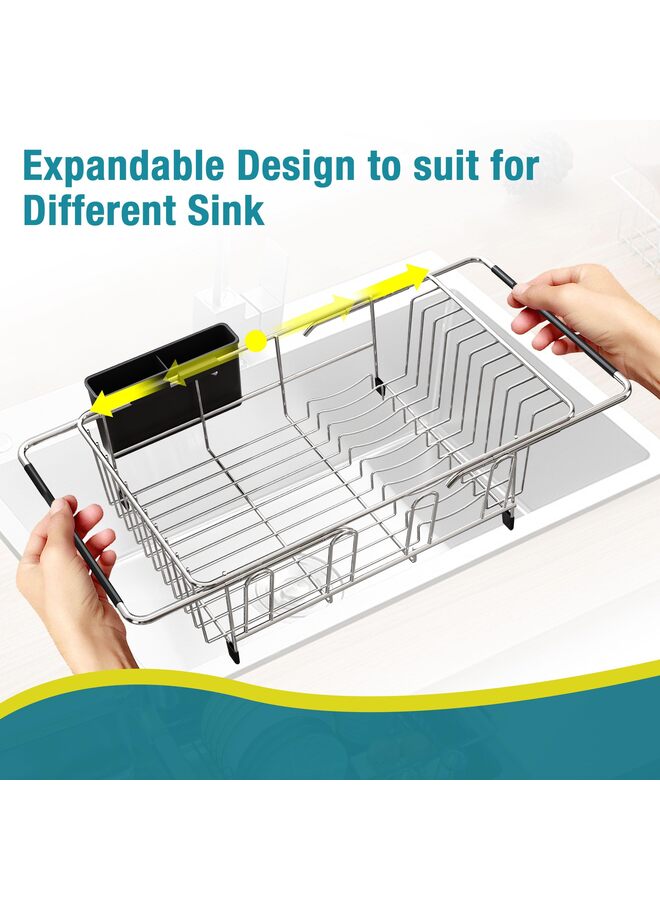 يُسلِّم رف تجفيف الأطباق في الحوض، مصافي أطباق قابلة للتمدد من الفولاذ المقاوم للصدأ لطاولة المطبخ، رف تجفيف الأطباق داخل الحوض، رفوف أطباق فوق الحوض مع حامل أدوات، فضي - Image 5