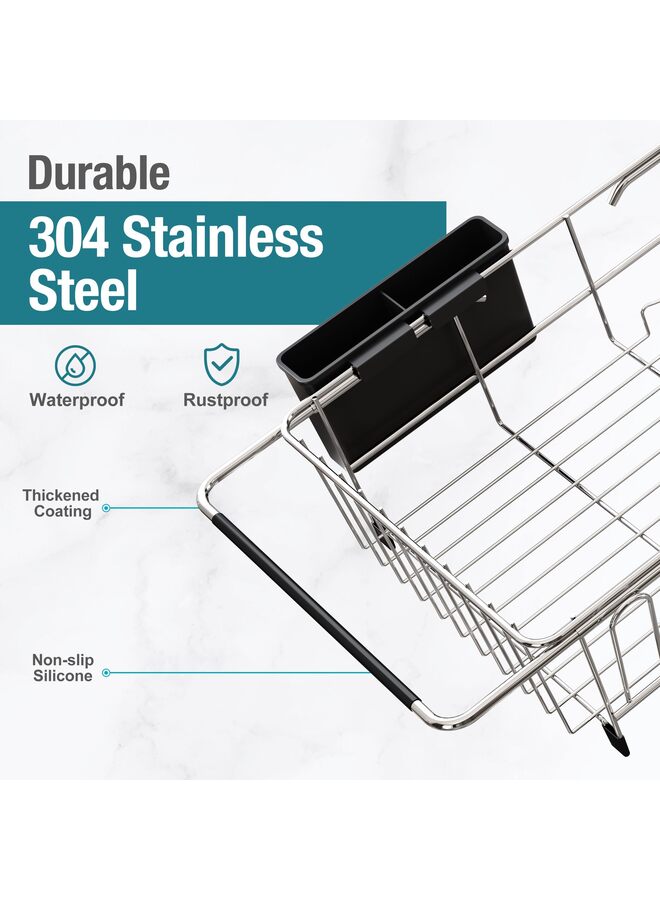 يُسلِّم رف تجفيف الأطباق في الحوض، مصافي أطباق قابلة للتمدد من الفولاذ المقاوم للصدأ لطاولة المطبخ، رف تجفيف الأطباق داخل الحوض، رفوف أطباق فوق الحوض مع حامل أدوات، فضي - Image 4