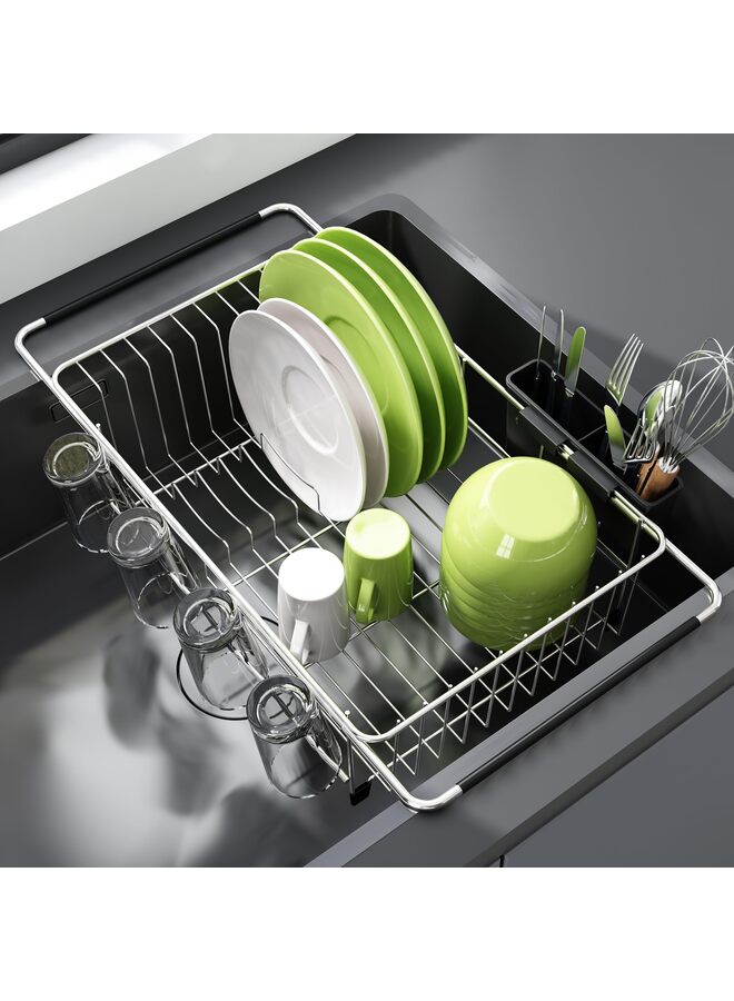 يُسلِّم رف تجفيف الأطباق في الحوض، مصافي أطباق قابلة للتمدد من الفولاذ المقاوم للصدأ لطاولة المطبخ، رف تجفيف الأطباق داخل الحوض، رفوف أطباق فوق الحوض مع حامل أدوات، فضي - Image 1