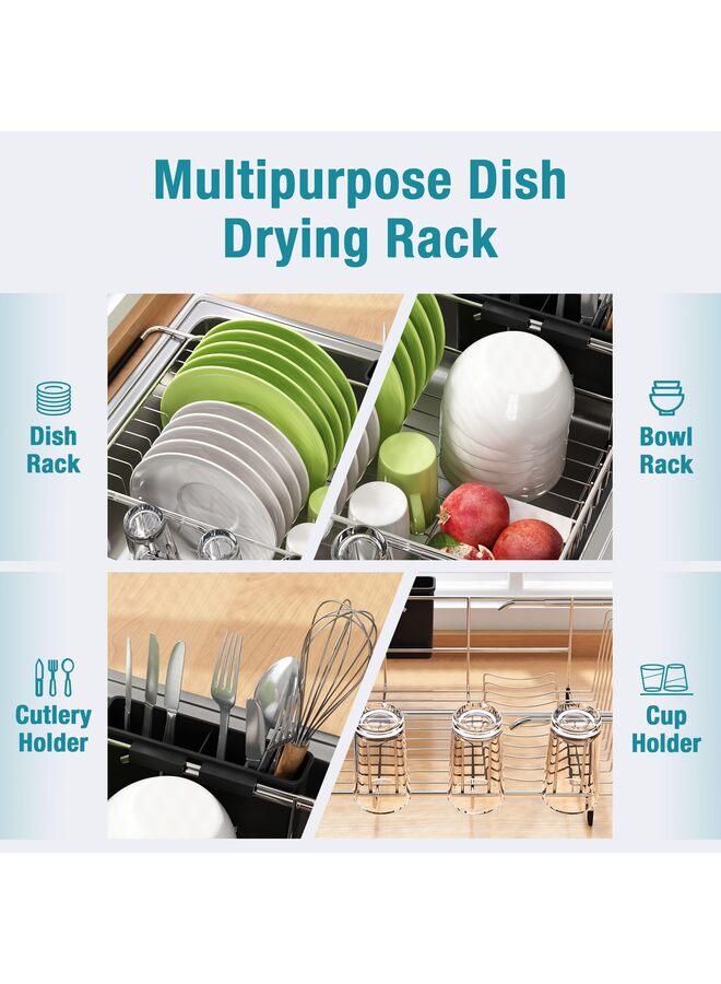 يُسلِّم رف تجفيف الأطباق في الحوض، مصافي أطباق قابلة للتمدد من الفولاذ المقاوم للصدأ لطاولة المطبخ، رف تجفيف الأطباق داخل الحوض، رفوف أطباق فوق الحوض مع حامل أدوات، فضي - Image 3