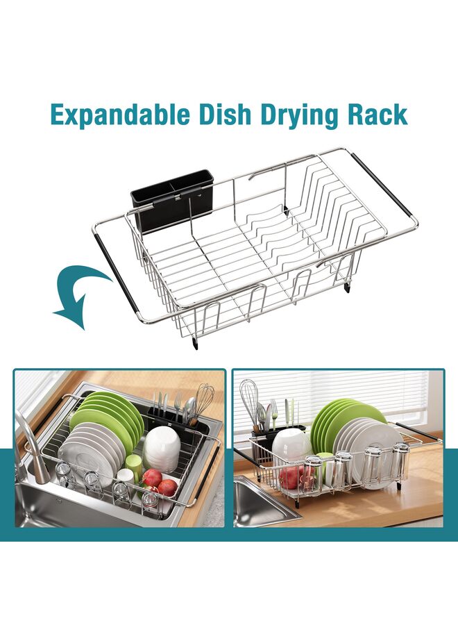 يُسلِّم رف تجفيف الأطباق في الحوض، مصافي أطباق قابلة للتمدد من الفولاذ المقاوم للصدأ لطاولة المطبخ، رف تجفيف الأطباق داخل الحوض، رفوف أطباق فوق الحوض مع حامل أدوات، فضي - Image 2