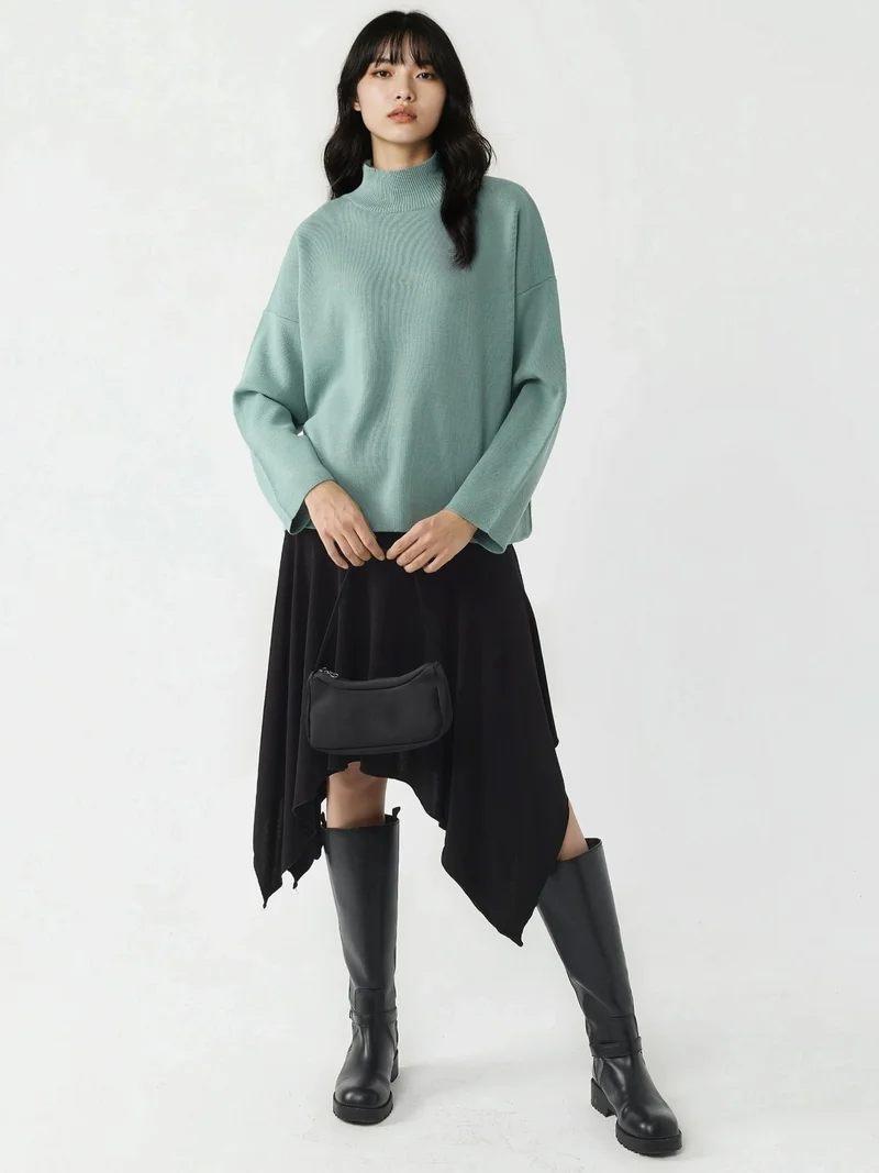 My Fashion Sage Green MY FASHION Oversized Half Turtleneck Knit Sweater for Women | Best Price UAE
