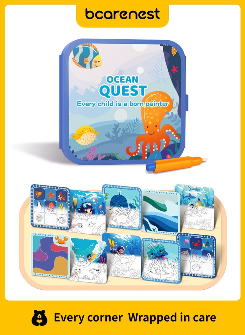 بكارنست كتاب رسم بالماء قابل لإعادة الاستخدام OCEAN QUEST، كتاب رسم سحري 10 صفحات مع قلم مائي للأطفال - Image 1
