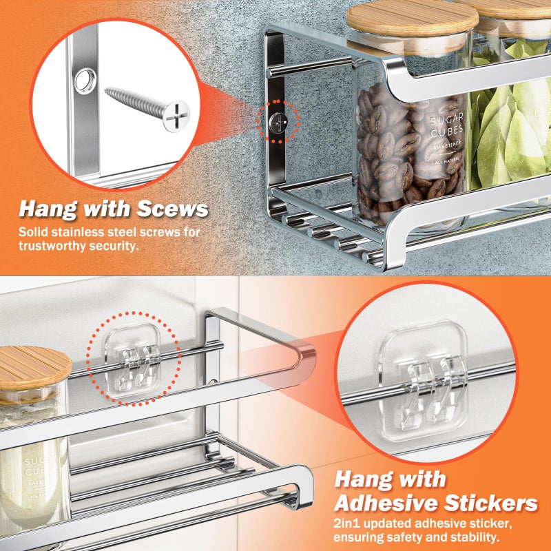 Bunoxea Spice Rack wall mounted 2 Pack, Space-Saving Spice Organizer for Spice Jars and Seasonings,Screw or Adhesive Hanging Spice Rack Organizer for Your Kitchen Cabinet,or Pantry Door,Silver - Image 4