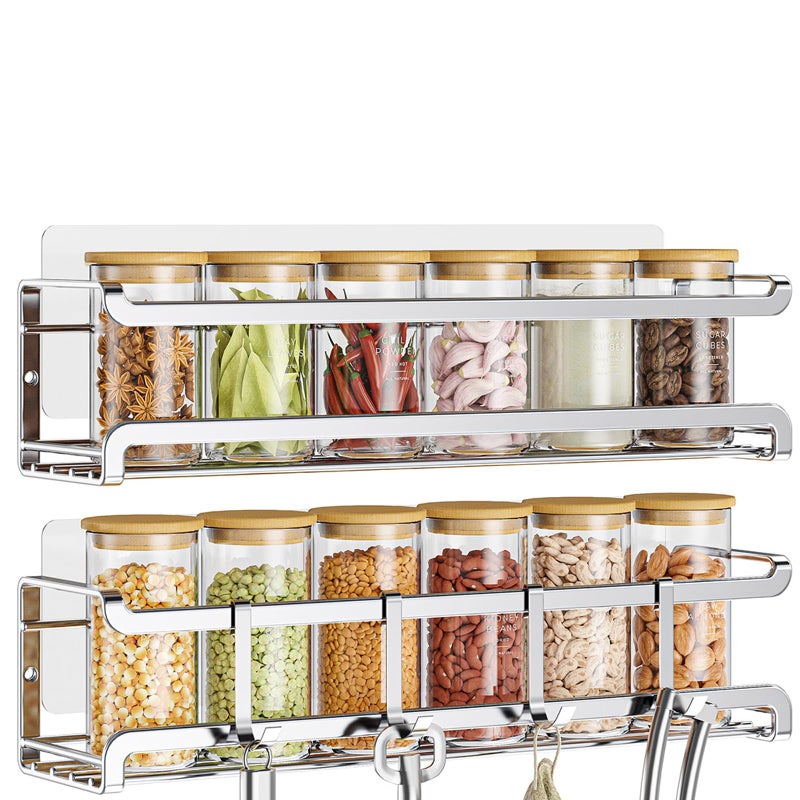 Bunoxea Spice Rack wall mounted 2 Pack, Space-Saving Spice Organizer for Spice Jars and Seasonings,Screw or Adhesive Hanging Spice Rack Organizer for Your Kitchen Cabinet,or Pantry Door,Silver - Image 1