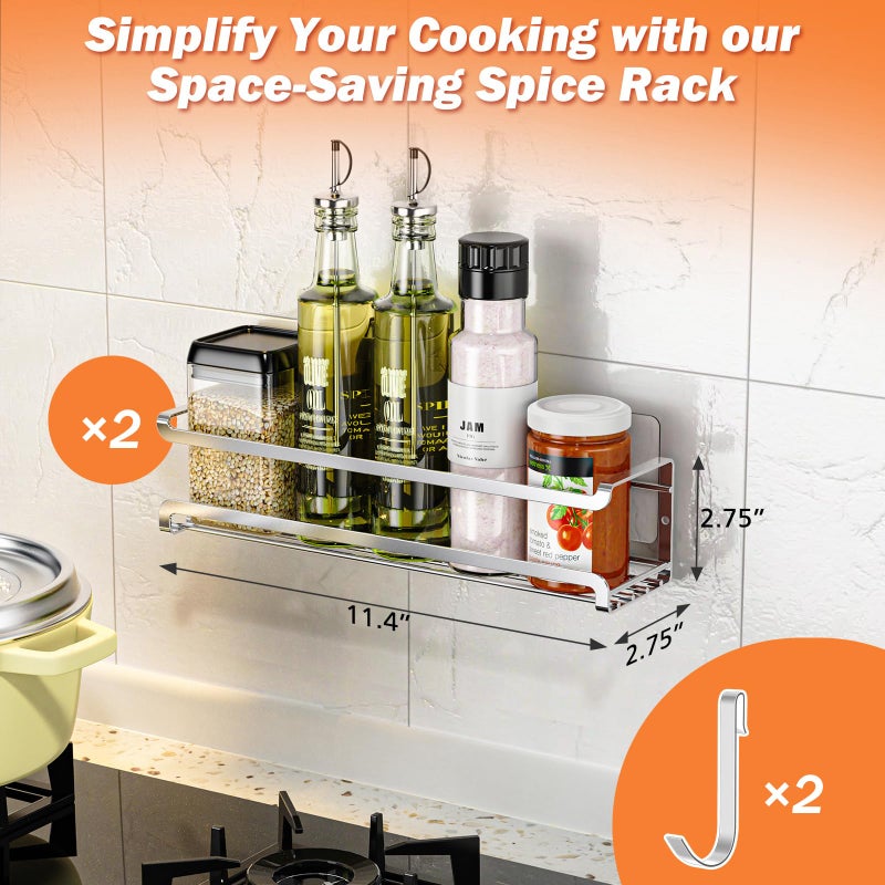 Bunoxea Spice Rack wall mounted 2 Pack, Space-Saving Spice Organizer for Spice Jars and Seasonings,Screw or Adhesive Hanging Spice Rack Organizer for Your Kitchen Cabinet,or Pantry Door,Silver - Image 2