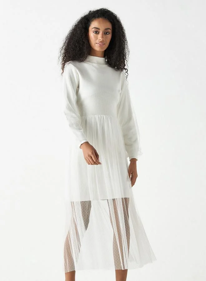 2Xtremz 2Xtremz Mesh Textured Midi Dress with Long Sleeves and High Neck