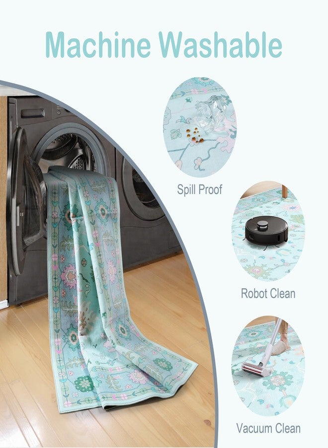 لايف بوكس سجادة أوشاك قابلة للغسل من لايف بوكس لغرفة المعيشة، سجادة بوهيمية مانعة للانزلاق مقاس 5 × 7 لغرفة النوم، سجادة تركية ناعمة بتصميم عتيق، سجادة كبيرة مزينة بالزهور لغرفة الطعام، سجادة داخلية لغرفة الأطفال، لون أزرق - Image 5