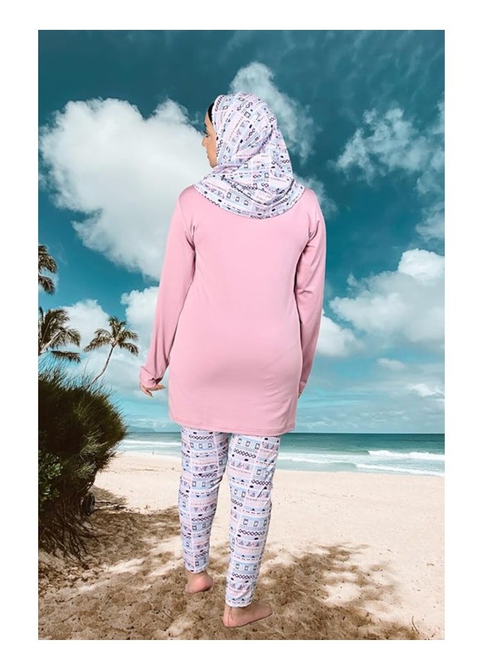 سول سوافا - ملابس سباحة نسائية إسلامية متواضعة مع غطاء كامل للحجاب وأكمام طويلة 3 قطع ملابس بوركيني إسلامية مع طباعة هندسية للحجاب والسراويل. - Image 1