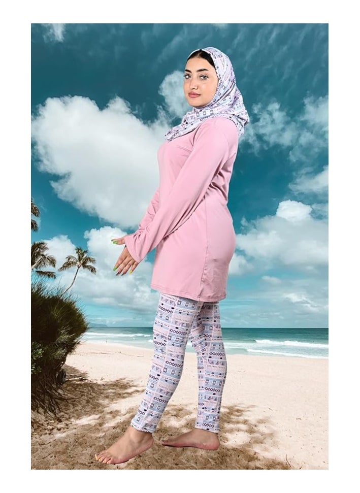 سول سوافا - ملابس سباحة نسائية إسلامية متواضعة مع غطاء كامل للحجاب وأكمام طويلة 3 قطع ملابس بوركيني إسلامية مع طباعة هندسية للحجاب والسراويل. - Image 1