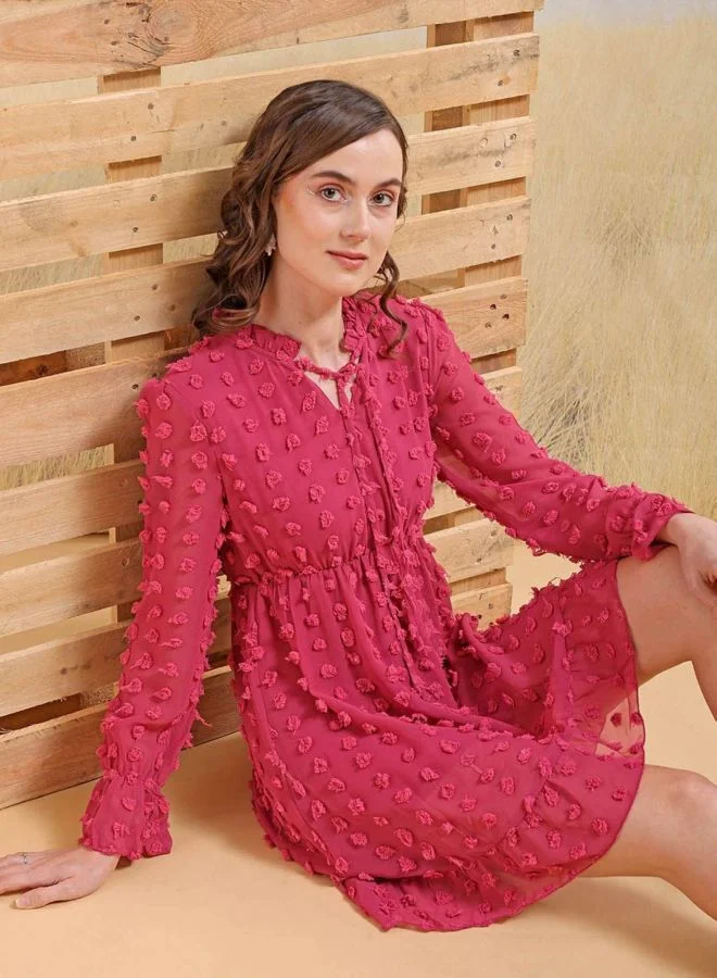 Women Regular Fit Textured V-Neck Long Sleeve Skater Dress