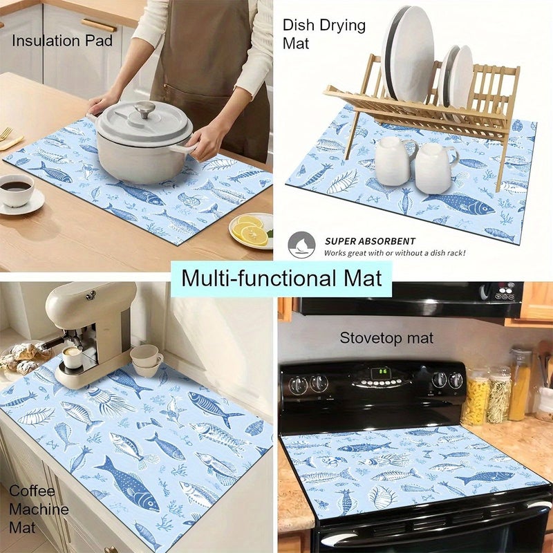 1pc Light Blue Background Sea Fish And Seaweed Print Dish Rack Drying Mat 11 81 Inch By 15 75 Inch Bar Counter Absorbent Mat Tabletop Protective Heat Insulation Pad Kitchen Dining Table Countertop Restaurant Decorative Item Coffee Machine Mat - Image 2