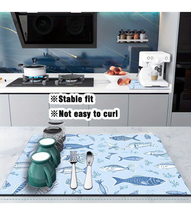 1pc Light Blue Background Sea Fish And Seaweed Print Dish Rack Drying Mat 11 81 Inch By 15 75 Inch Bar Counter Absorbent Mat Tabletop Protective Heat Insulation Pad Kitchen Dining Table Countertop Restaurant Decorative Item Coffee Machine Mat - Image 4